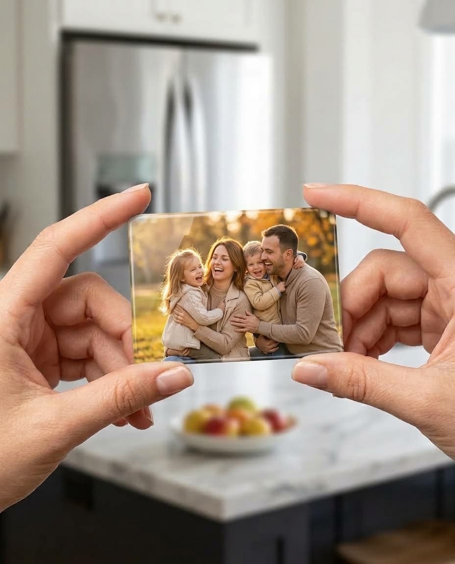 Handcrafted Landscape Acrylic Keepsake Photo Magnet in Hands